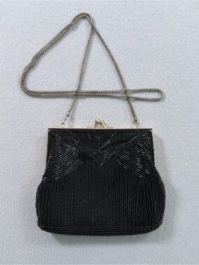 Vintage Magid Black Beaded Evening Bag Kiss Lock Clutch Chain